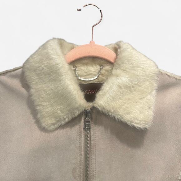 Y2K Guess Cream Genuine Suede Coat Faux Fur Lined Collar 90s Minimalist Small - Picture 6 of 13